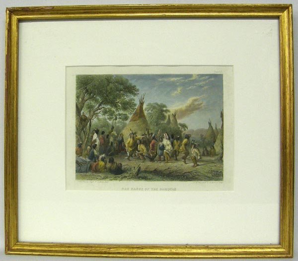 19th Century Hand Colored Print of Dakota Dance: 19th Century Hand Colored Print, titled, ''Doc Dance Of The Dakotas''. Framed in a wood frame, matted, under glass. SHI $30.
