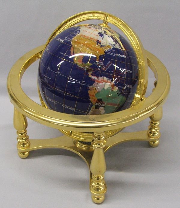 Globe w/Desk Stand, Blue Lapis,Semi-precious Stone: Globe w/Desk Stand, Made With Blue Lapis & Semi-precious Stones. Globe only measures 6'' Diameter. Stand is 9''Diameterx10''H. Compass in middle of the bottom of the stand. SHI $30.
