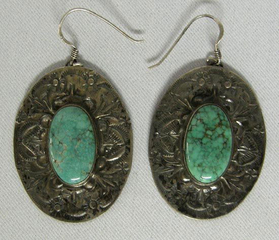 Silver Turquoise Pierced Earrings By Stephen Fox: Silver Turquoise Pierced Earrings By Santa Fe Artist Stephen Fox. Measures approx. 1 1/4" x 1 1/2". SHI $15.