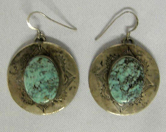 Silver Turquoise Pierced Earrings By Stephen Fox: Silver Turquoise Pierced Earrings By Santa Fe Artist Stephen Fox. Measures approx. 1" x 1". SHI $15.