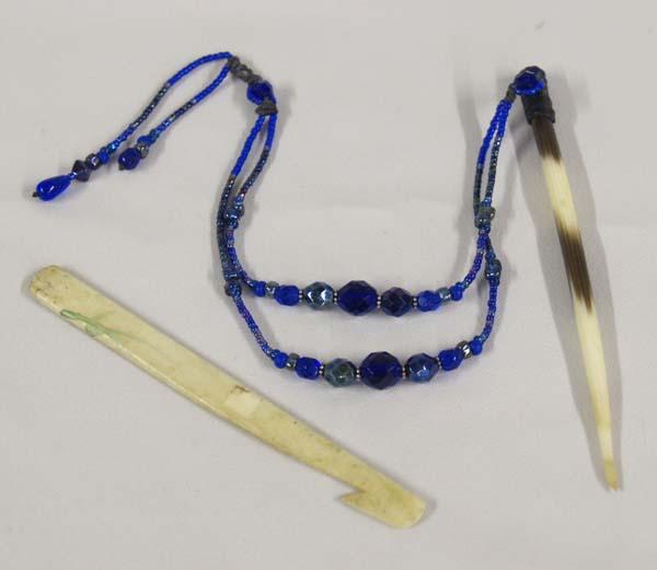 Antique Bone Shoe Hook And Porcupine Bead Barrette: Antique Bone Shoe Hook And Porcupine Beaded Barrette. The Porcupine quill measures approx. 5 1/3'' long. SHI $15.