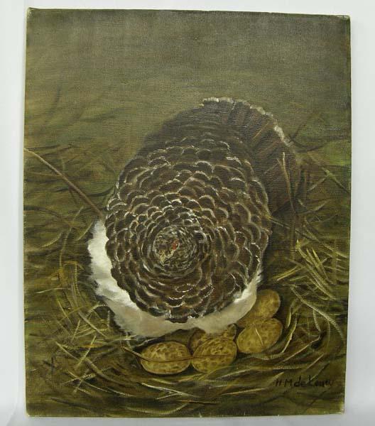 Original Oil On Canvas By H M Delaney: Original Oil On Canvas By H. M. Delaney. Grouse Hen With Eggs, measures approx. 19'' x 15''. SHI $25.