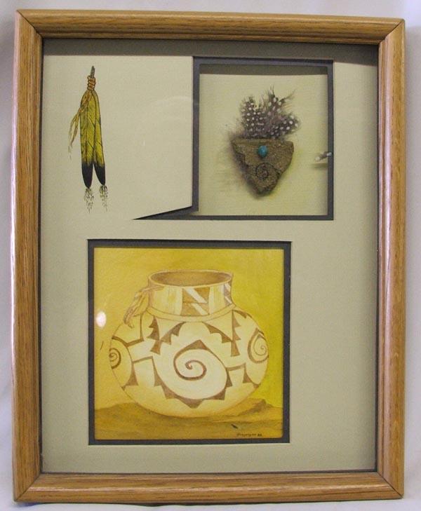 Original Native American Art In Shadow Box: Original Native American Art In Shadow Box. Framed in a wood frame, double matted, under glass. Measures approx. 13 1/2'' x 10 1/2''. SHI $30.