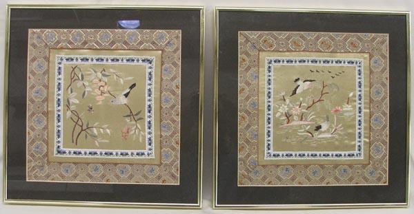 Pr Chinese Framed Silk Hand Embroidered Samplers: Pr Asian Framed Silk Hand Embroidery Samplers. Framed in metal frames, matted, under glass. Measures approx. 10'' x 10''. SHI $35.