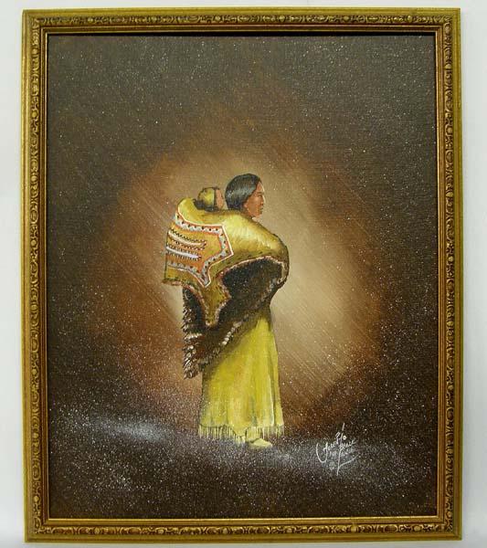 Original Indian Painting By Loren Black Lance: Original Indian Painting By Loren Black Lance. Artist is South Dakota Plains Indian. Framed in a wood frame, measures approx. 19 1/2'' x 15 1/2''. SHI $40.