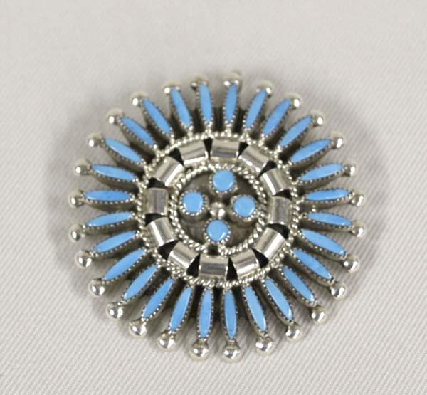 Zuni Needlepoint Turquoise Pin/Penant by Etsate : Zuni Needlepoint Pin/Pendant Signed Etsate Zuni, measures approx. 1.5'' diameter, silver and turquoise. SHI $15.