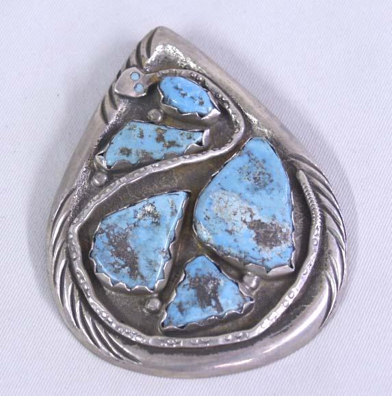 Zuni Effie Calavaza Turquoise Pin Pendant: Zuni Effie Calavaza Pin Pendant, heavier older silver pin, measures approx. 3'' x 2.5'', nice large turquoise stones. SHI $15.