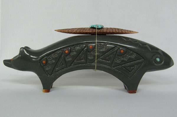 Sioux Fox Award Winning Fetish By Earl Eder: Sioux Fox Award Winning Fetish By Earl Eder. Persian Turquoise, pipe stone. ''Grey Fox Society''. Includes ribbon from the 1981 New Mexico Stat Fair. Measures approx. 10''l x 3 1/2''H. SHI $30.