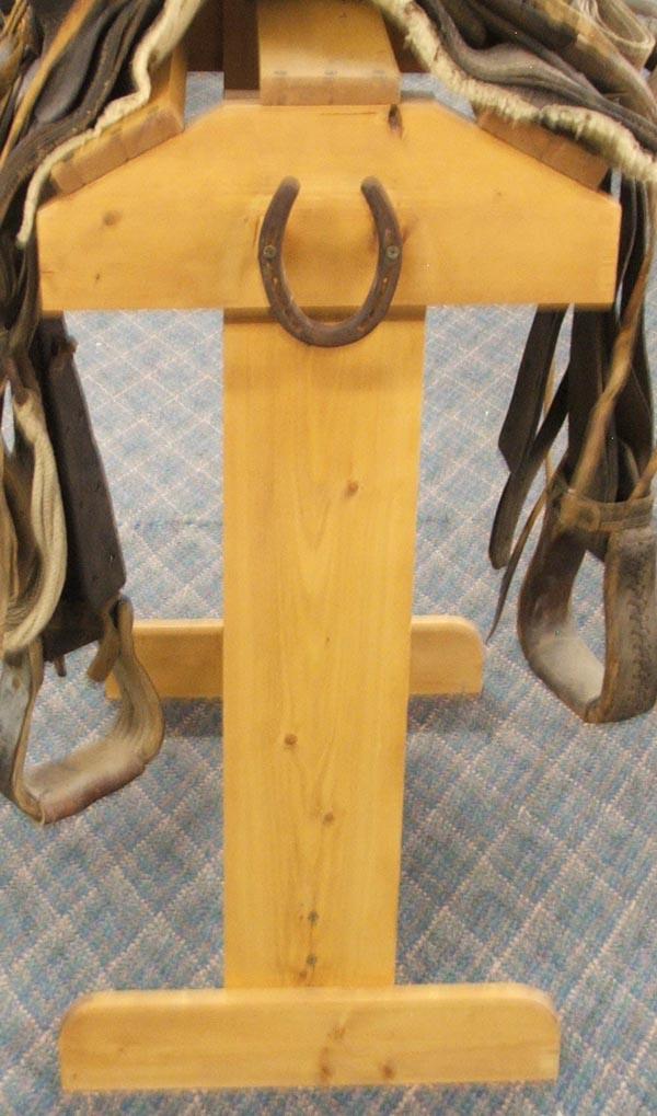 Wooden Saddle Stand by Tamayo MUST BE PICKED UP: Wooden Saddle Stand by Tamayo, measures 33'' high, must be picked up.
