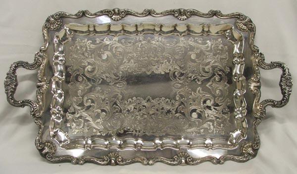 Vintage Silver Tray by English Mfg Corp: Vintage Silver Tray by English Mfg Corp, measures approx. 14'' x 26''. SHI $30.