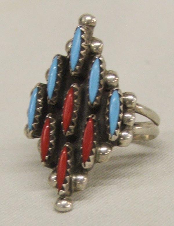 Zuni Silver Turquoise Coral Needlepoint Ring: Zuni Silver Turquoise Coral Needlepoint Ring, size 7 3/4, measures approx. 1.25'' x .75''. SHI $15.