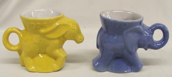 Two 1970 and 1975 Political Francoma Cups: Two 1970 and 1975 Political Francoma Cups, Yellow Donkey 1975, Blue Elephant GOP 1970, both pieces are marked Francoma, measures approx. 3.75'' x 5.5''. SHI $25.