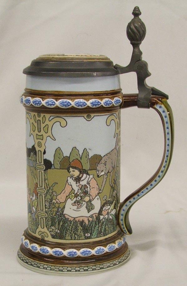 1980's Mettlach Fairy Tale Series Stein: 1980's Mettlach Fairy Tale Series Stein , These were the first steins made after WWI--a period of 60 elapsed years when manufacturing had ceased for steins Pewter lid with inside insert commemorating 