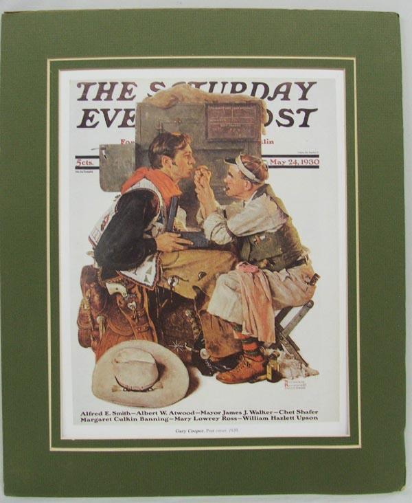 Matted Print The Saturday Evening Post Rockwell: Matted Print The Saturday Evening Post Rockwell, Post cover of ''Gary Cooper'' May 1930 repro., measures approx. 12'' x 9.5''. SHI $25.