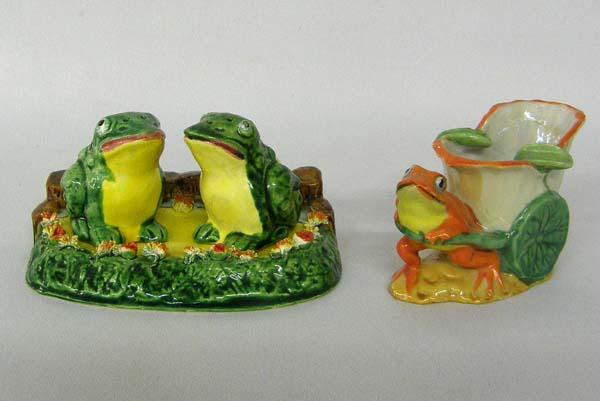 Occupied Japan Salt and Pepper, Toothpick Holder: Occupied Japan Salt and Pepper, Toothpick Holder, all are frogs, salt and pepper shakers are sitting on lily pad, toothpick holder measures 3'' tall. SHI $25.