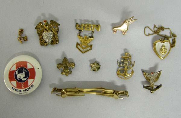 Vintage Estate Military Jewelry: Vintage Estate Military Jewelry, includes: USN Locket and USN pins U.S.S. Hope Button, locket measures 1'' x 7/8'' and clasp on chain is broken, from the Franklin Estate Hillsboro NM. SHI $15.