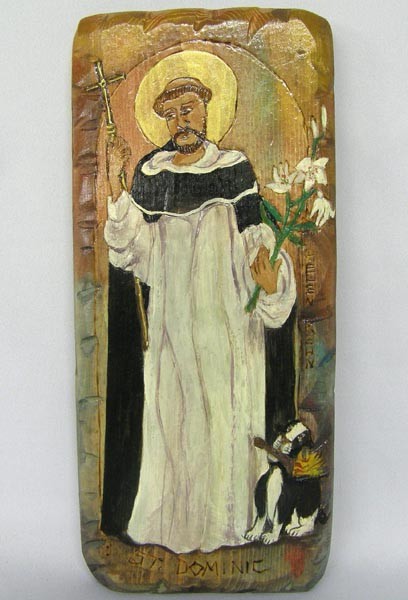 St. Dominic Wood Retablo by Elen Rehn: St. Dominic Wood Retablo by Elen Rehn, beautifully incised and painted, on back reads: Dominic, born in Spain founded the order of the preachers, best known as the Dominicans. He was given a castle, t