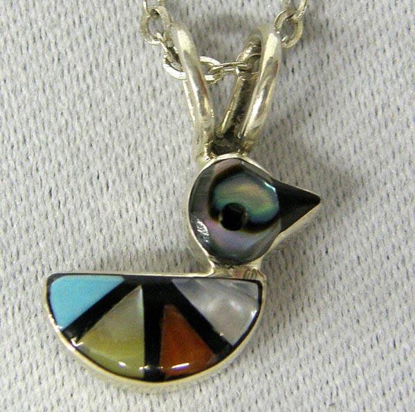 Zuni Dainty Inlay Duck Pendant Necklace by Laahty: Zuni Dainty Inlay Duck Pendant Necklace by Laahty, sunface hallmarked, stones include: turquoise, coral, MOP, abalone, measures approx. 19'' end to end. Duck is .25 x .25". SHI $15.