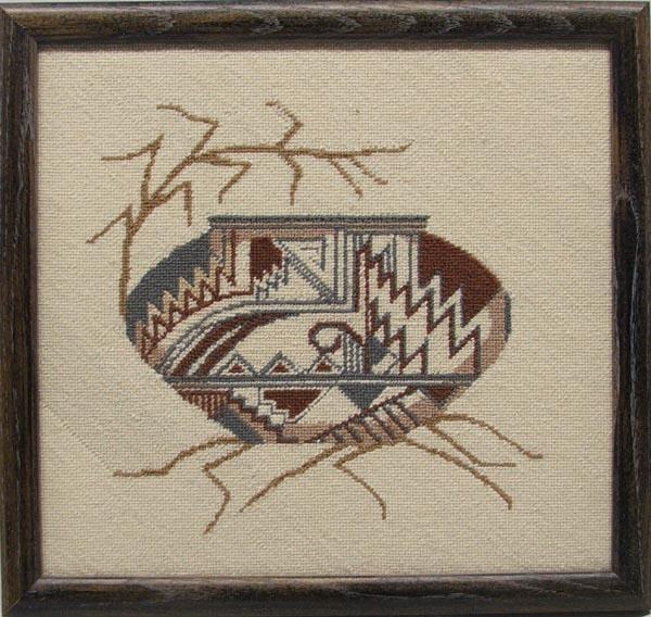 Indian Pottery Needlepoint Framed Picture: Indian Pottery Needlepoint Framed Picture, measures approx. 13'' x 14''. SHI $20.