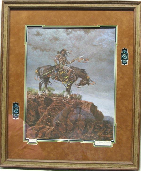 Jim Abeita Signed and Numbered Print: Jim Abeita Signed and Numbered Print, beautifully framed, matted, and under glass, included in matting are 2 pieces of silver and turquoise jewelry, visual measures approx. 21'' x 15.5''. SHI $125.