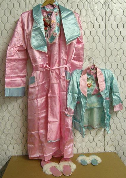 Mother and Child Japanese Silk Pajamas & Slippers: Mother and Child Japanese Silk Pajamas & Slippers, child's size 18-24 mos? and mother's size small, some staining or water damage on child's pajamas, snap missing on neck of mother's pajamas. SHI $25.