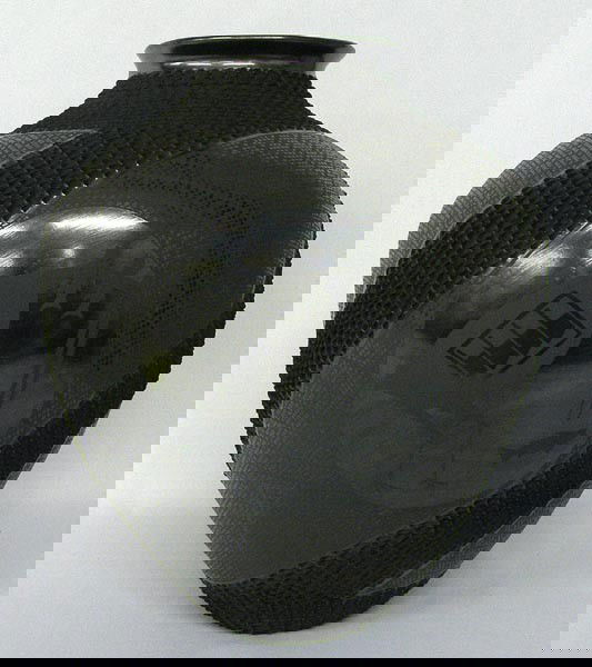 Mata Ortiz Black on Black Bird Pot by Sandoval: Mata Ortiz Black on Black Bird Pot by Ismael Sandoval, nicely textured, cranes eating fish, measures approx. 13'' x 11''. SHI $100.