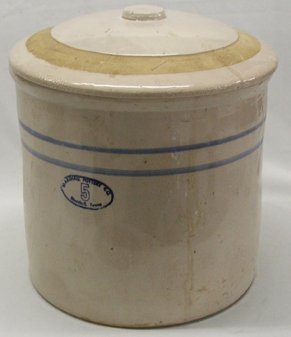 Marshall Pottery Co. #5 Lidded Crock Must Pick Up: Marshall Pottery Co. #5 Lidded Crock, measures approx. 12'' tall and 41'' in diameter. MUST BE PICKED UP.