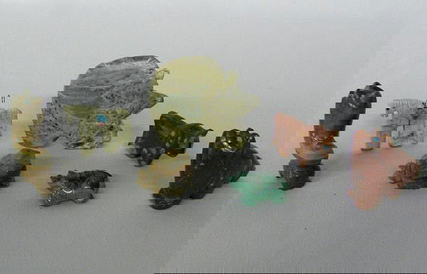 Collection of 7 Zuni Fetishes: Collection of 7 Zuni Fetishes, 2 horses, 1 fox, 2 bears, 1 frog, and 1 turtle, largest measures approx. 2.5'' x 2''. SHI $15.