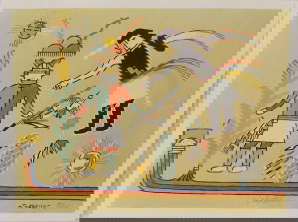 Hand Signed and Numbered Fred Kabotie Print: Hand Signed and Numbered Fred Kabotie Print, 84/250, will be shipped in a tube. Measures approx. 16" x 12". SHI $15.