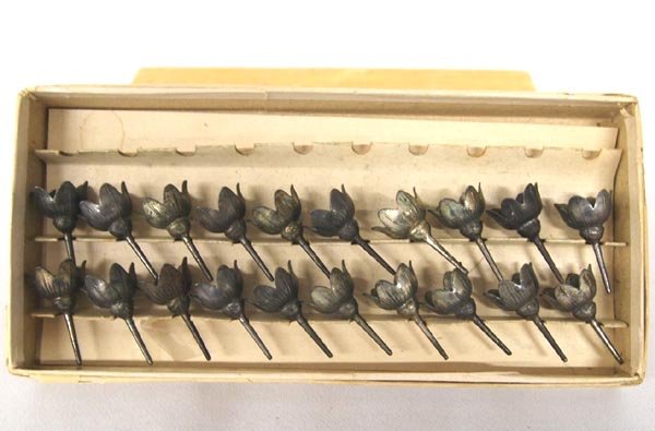 Vintage Silver/Pewter Candle Holders for Cakes: Vintage Silver/Pewter Candle Holders for Birthday Cakes, in original box, measures approx. 1 1/8" x .5". SHI $15.