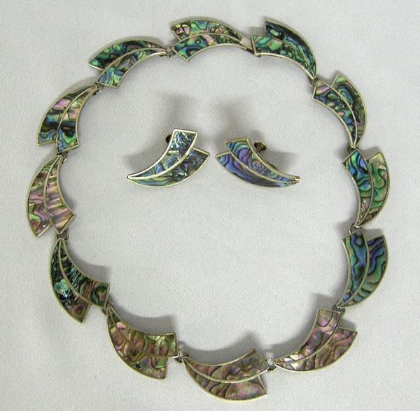 Mexican Taxco Abalone & Silver Necklace, Earrings: Mexican Taxco Abalone & Silver Necklace, Earrings. Necklace measures 16'' end to end. Screw back earrings are 1''x3/4''.