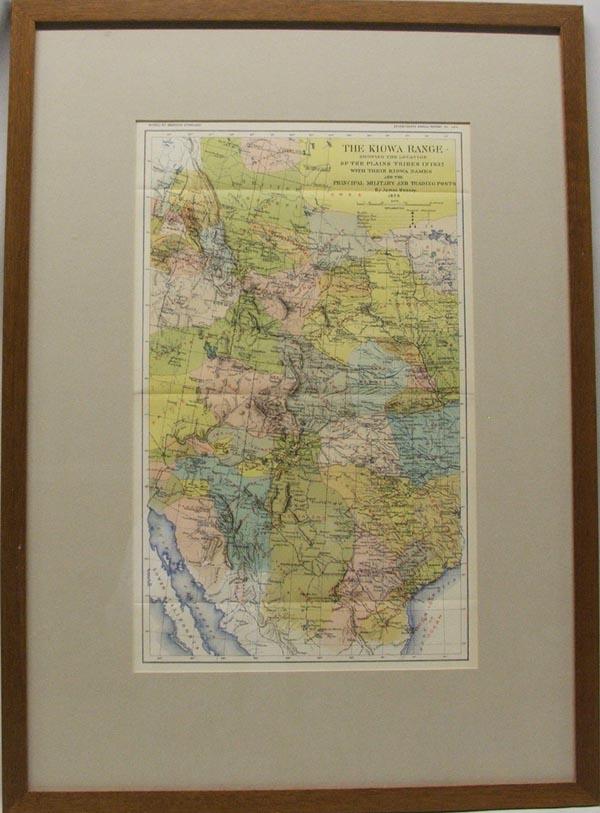 1898 Original Kiowa Range Map by James Mooney: Original Kiowa Range Map, framed, matted, and under glass, visual measures approx. 16.25'' x 9.5''. Showing the location of the Plains Tribes in 1832 with their Kiowa names and principal military & tr