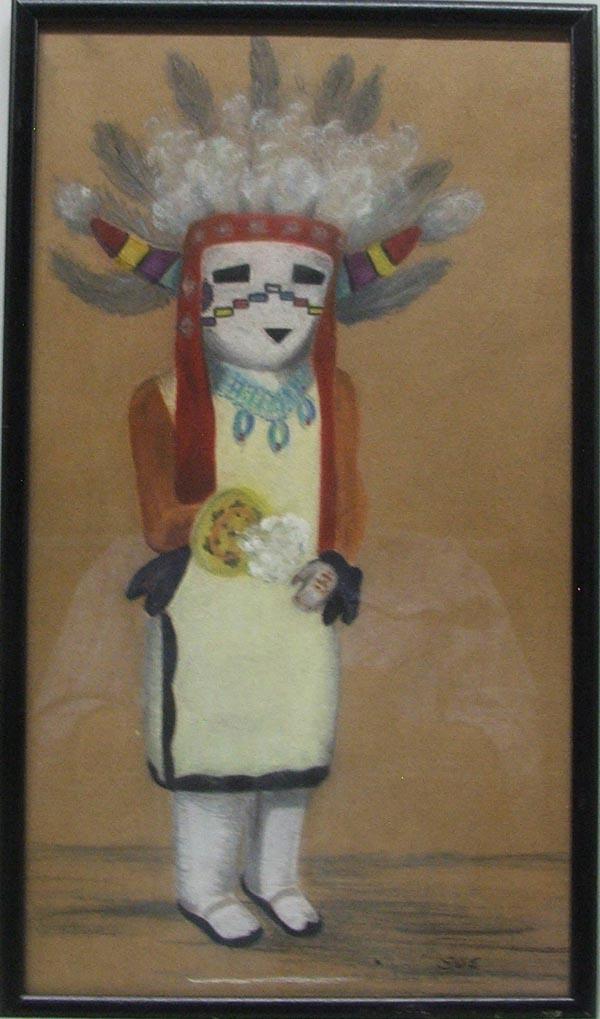 Original Kachina Pastel Drawing by Sue: Original Kachina Pastel Drawing by Sue, framed and under glass, measures approx. 17'' x 19.5''. SHI $25.