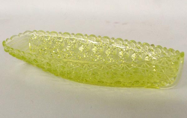 Canoe Yellow Depression Glass Candy Dish: Canoe Yellow Depression Glass Candy Dish, measures approx. 9 3/4'' x 3 1/2''. SHI $20.