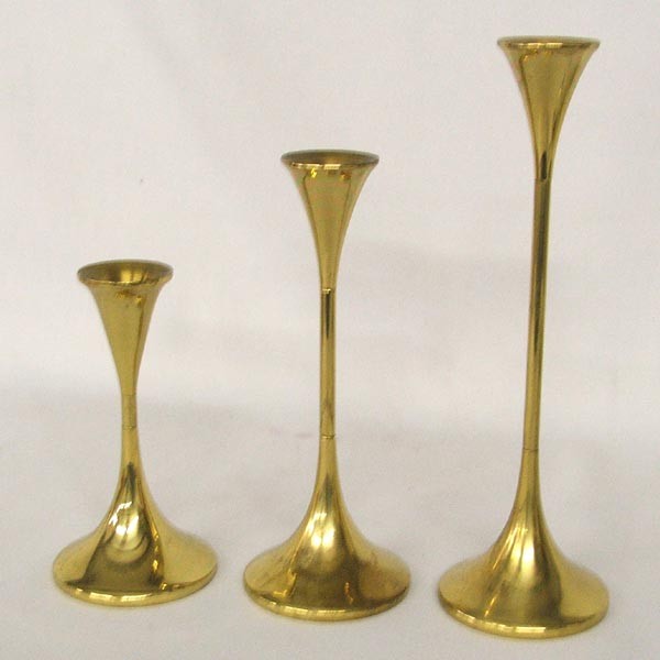 3 German F Andersen Design Brass Candlesticks: 3 German Freddie Andersen Design Brass Candlesticks, largest measures approx. 9 1/2'' tall. SHI $20.