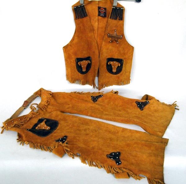 Suede Little Buckaroo Chaps & Vest : Suede Buckaroo Chaps & Vest, Colorado Leather Badge and has a pocket, size M, chaps length is 23" and waist end to end measures approx. 34". SHI $20.