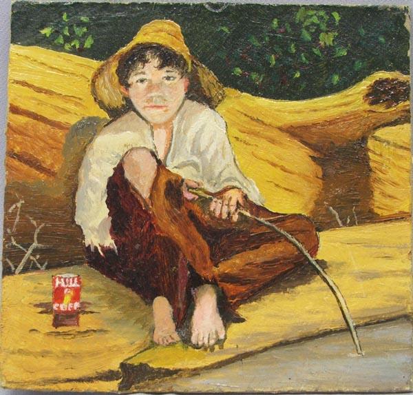 1942 Original Oil by Bruce Heathcote: 1942 Original Oil by Bruce Heathcote. Signed on the back, Bruce Heathcote, ''1st Fishing Trip.'' Measures 6.5''x6.75''. SHI $20.