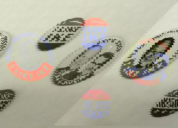 4 Political Buttons Ike & Dick: 4 Political Buttons ''Ike & Dick''. 1. Peace-Progress-Prosperity, I Like Ike. 2. I Like Ike. 3. Let's Back Ike & Dick. 4. I Like Ike AND Dick. The largest button measures approx. 1 3/8'' in diameter.