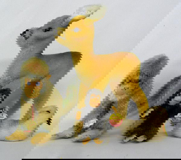 4 Original Steiff Toys: 4 Original Steiff Toys, largest measures approx. 8.5'' x 7''. Includes: Duck w/tag 2''X3'', Deer (button eyes) 8.5''x7'', Monkey w/tag 6''x8'', Chimpanzee (Jocko) w/tag 3''x3''. SHI $25.