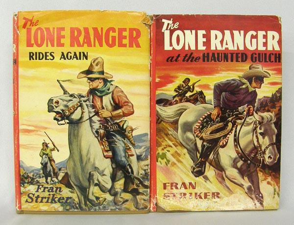 2 Hardback ''Lone Ranger'' Books, 1941 & 1943: 2 Hardback ''Lone Ranger'' Books, 1941 & 1943. Paper jacket on each. 1941 ''The Lone Ranger at Haunted Gulch,'' and 1943 ''The Lone Ranger Rides Again,'' by Fran Striker. Measures 7.5''x5''. SHI $15.