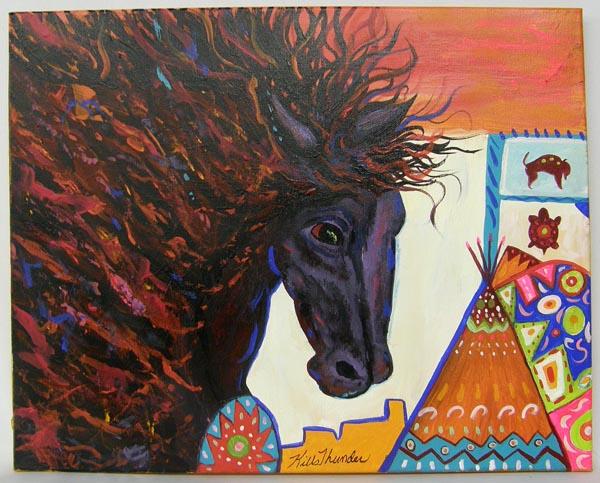 Original Acrylic Painting by Kills Thunder: Original Acrylic Painting by Kills Thunder, ''Equine Warrior'', measures approx. 16'' x 20''. SHI $30.