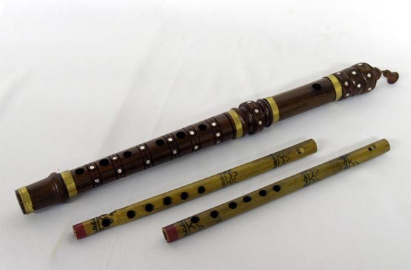 3 Hand Made Nepal And East Indian Flutes: 3 Hand Made Nepal And East Indian Flutes. Largest is Inlay Brass and mother of pearl, measures approx. 16 1/2'' long. SHI $20.