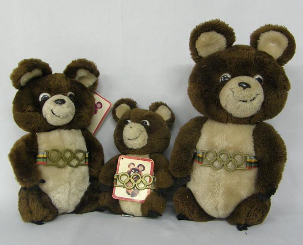 3 ''Misha'' 1980 Olympic Mascot Bears: 3 ''Misha'' 1980 Olympic Mascot Bears. The small one is missing its black nose. Largest is 12.5''x6.5''. 2 still have their tags. SHI $20.