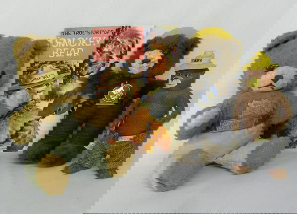 3 Smokey the Bear Teddies Plus 1969 Comic Book: 3 Smokey the Bear Teddies Plus 1969 Comic Book. Includes: Ideal Smokey the Ranger Bear (missing yellow forest hat) from 50s-60s (measures 13''); a vintage plush 1983 Dakin Smokey Bear w/hat and with t