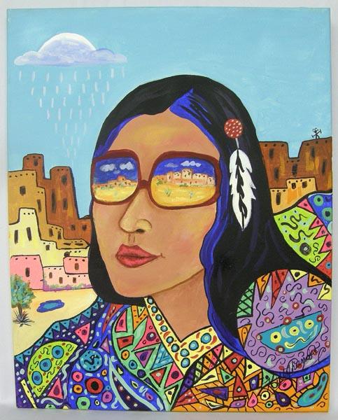 Original Acrylic Painting by Kills Thunder: Original Acrylic Painting by Kills Thunder, ''Reflection of a Pueblo Maiden'', measures approx. 20'' x 16''. SHI $30.