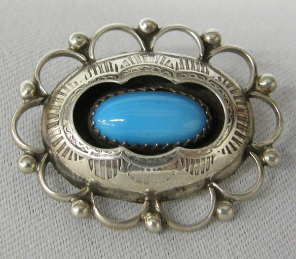 Navajo Sterling Silver Turquoise Pin: Navajo Sterling Silver Turquoise Pin, measures approx. 1 1/3'' x 1''. Shadow Box style. SHI $15.