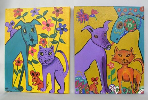 2 Original Paintings of Animals by Kills Thunder: Original Paintings of Animals by Kills Thunder. Acrylic painting on stretched canvas measures 11''x14''. SHI $25.