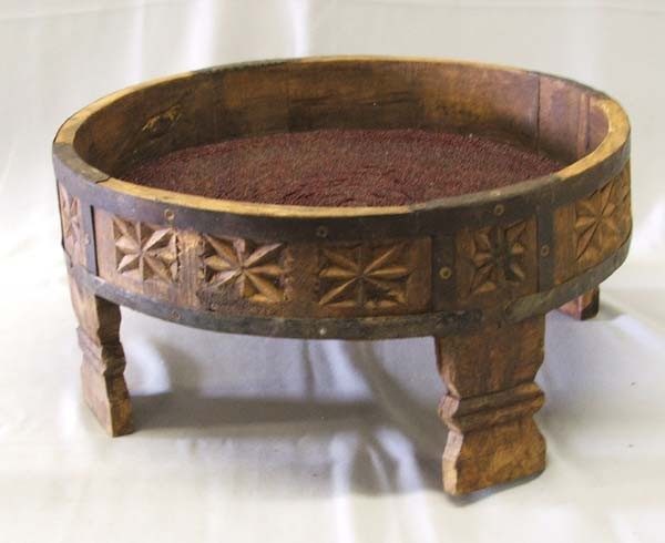 Carved Wooden Display Drum Table With Inside Beadwork: Carved Wooden Drum Table With Beaded Inside Surface. Measures 7''x15''. SHI $25.