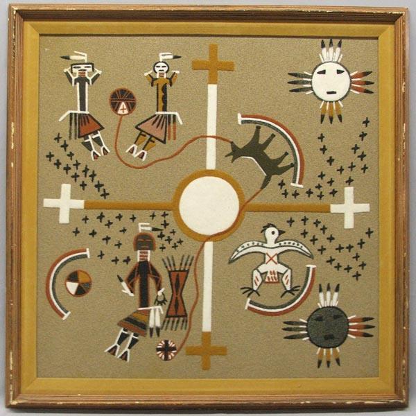 Navajo Sand Painting Title Coyote Stealing Fire: Navajo Sand Painting, titled ''Coyote Stealing Fire'', framed with a wood frame. Measures approx. 23'' x 23''. SHI $40.