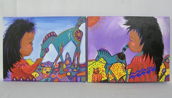 2 Original Painting of Child&Horse by Kills: 2 Original Paintings of Child&Horse by Kills Thunder. Acrylic painting on stretched canvas measures 11''x14''. SHI $25.